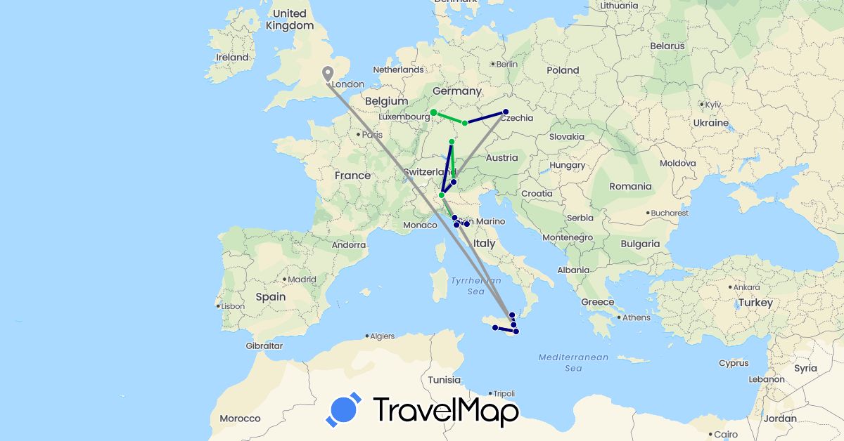 TravelMap itinerary: driving, bus, plane in Czech Republic, Germany, United Kingdom, Italy (Europe)